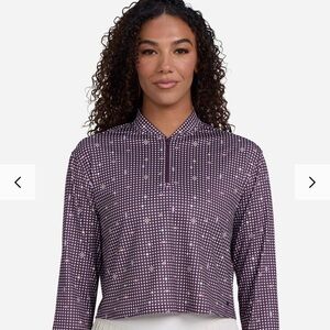 Bad Birdie Women's UV Quarter Zip - Cropped Throwing Darts Design Top.